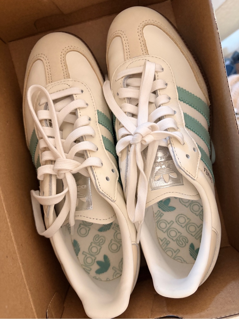 adidas Cream Sneakers with Mint Green Stripes